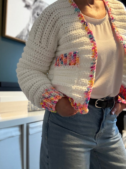 The Resolution Cardigan-White & Colored Trim