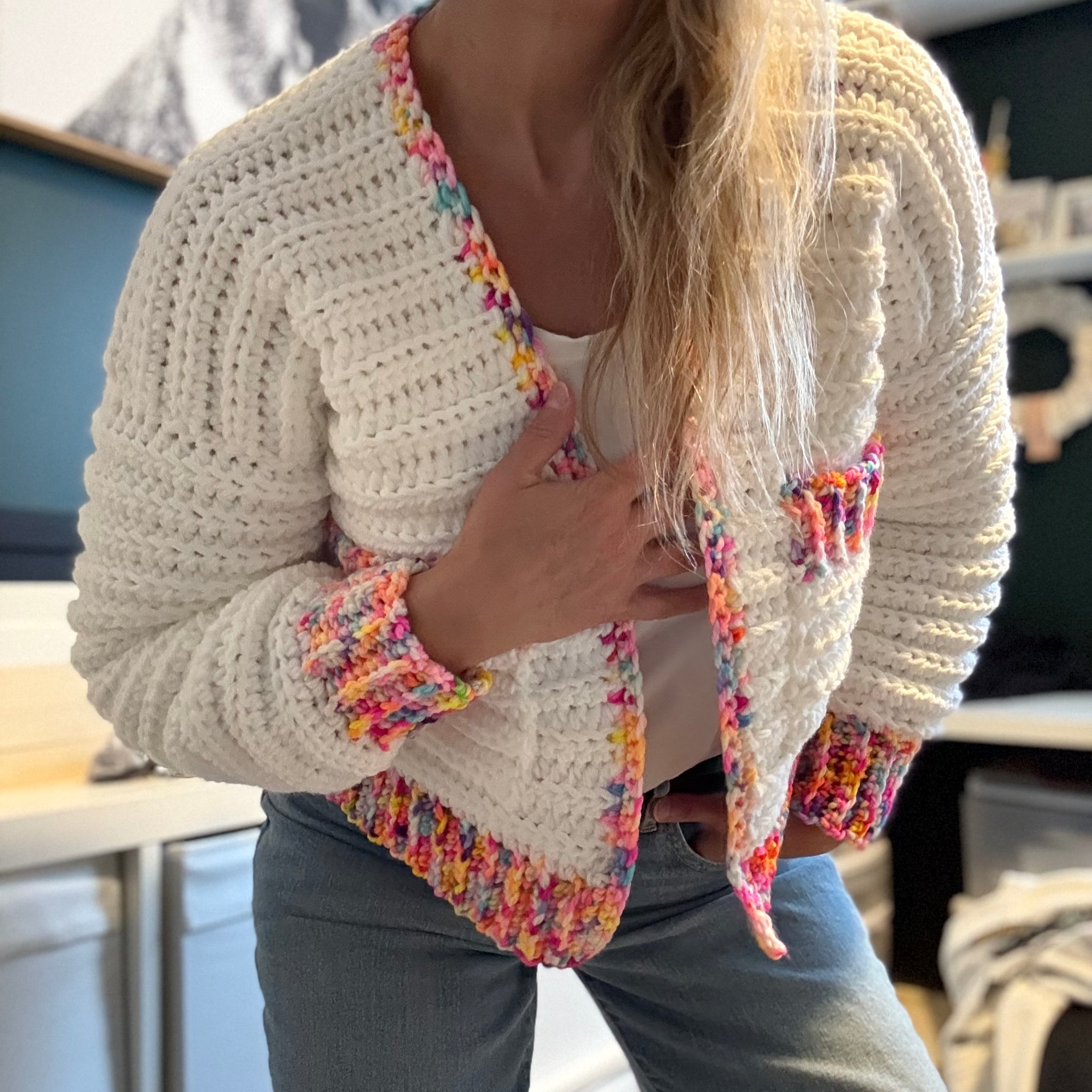 The Resolution Cardigan-White & Colored Trim